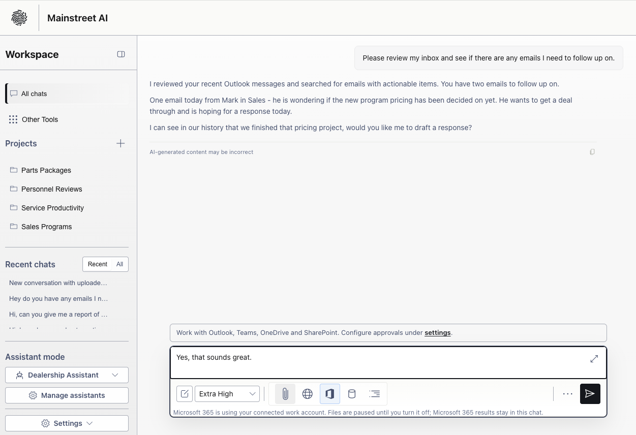 Enterprise AI Chat reviewing Outlook messages and identifying follow-up emails.
