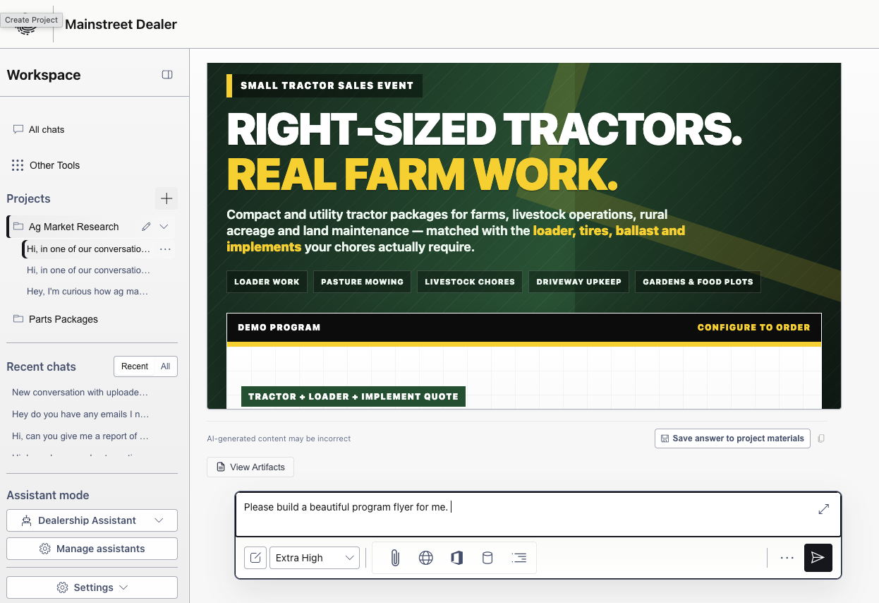Enterprise AI Chat creating a polished sales program flyer from a simple business request.